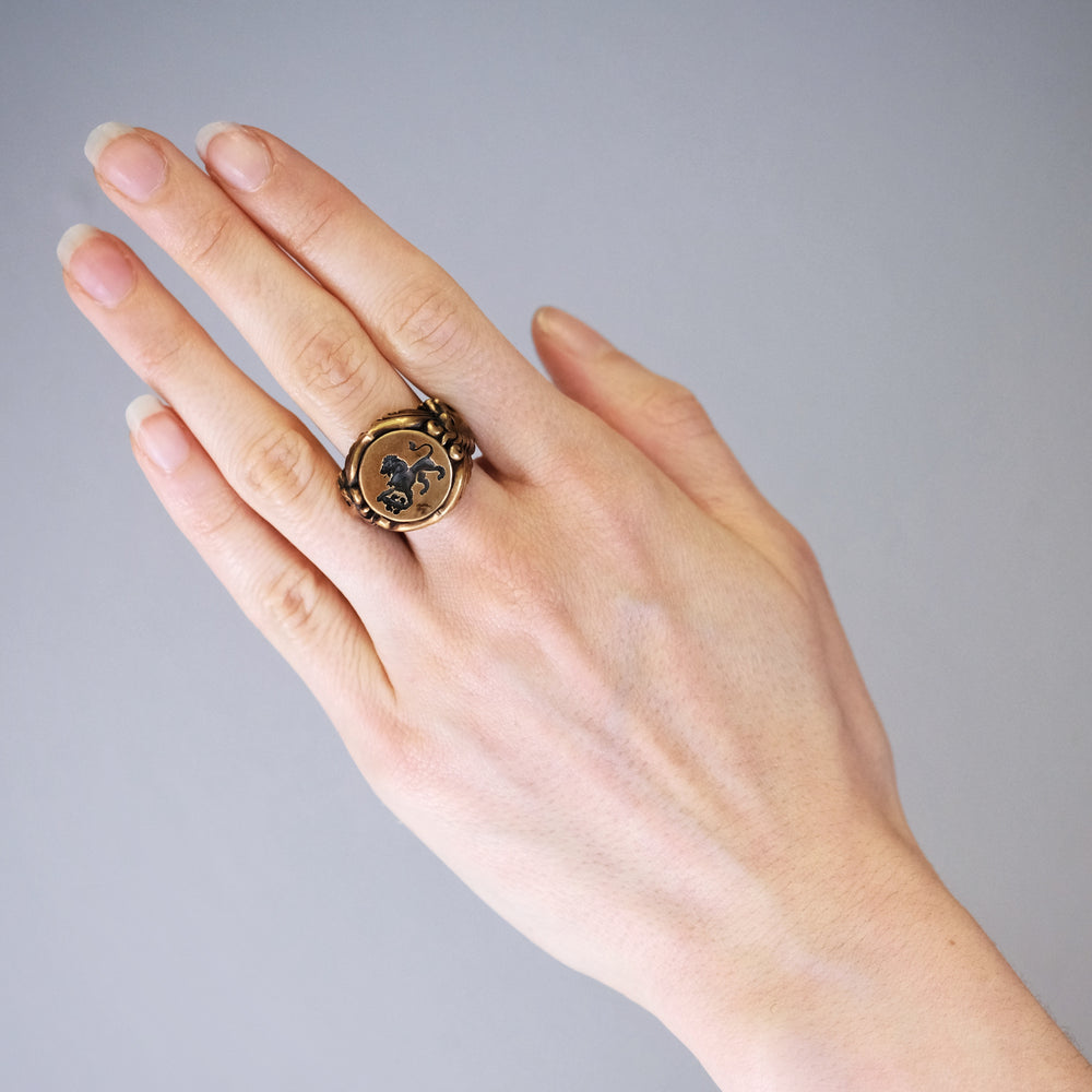 Sterling Silver Signet ring, gold finish, Lion seal.