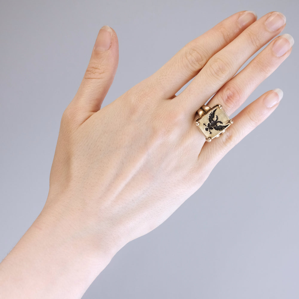 Sterling Silver Signet ring, gold finish, double headed eagle