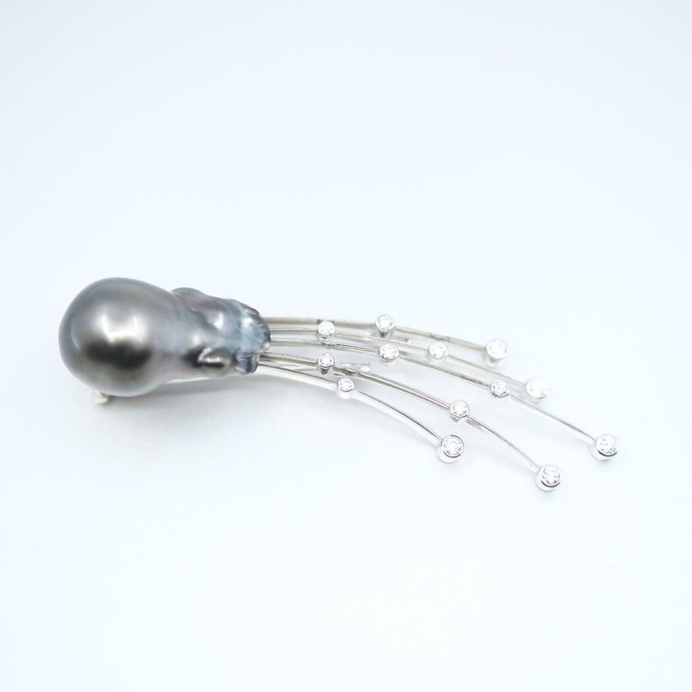 
                      
                        'Meteor' Tahitian Pearl and Diamond Brooch in White Gold
                      
                    