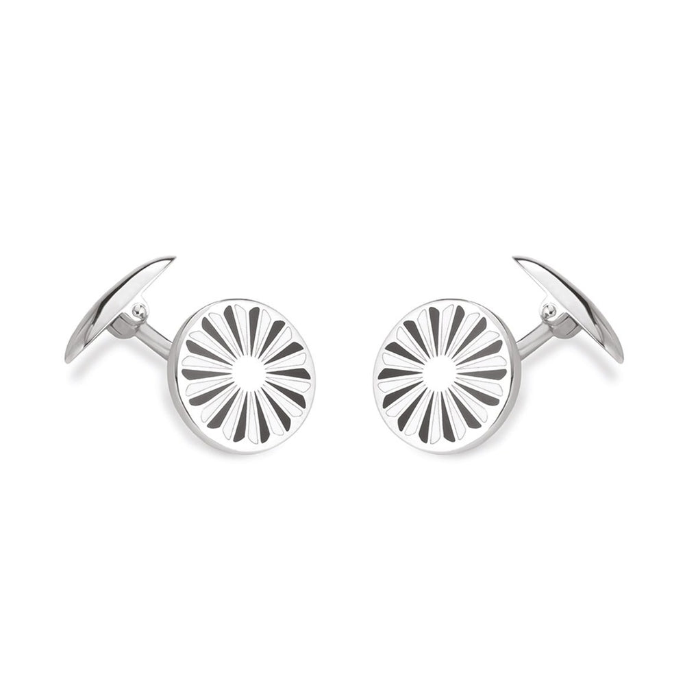 Stylish pair of sterling silver cufflinks suitable for any business situation. The Spiral sunburst enamel work brings joy to the wearer.