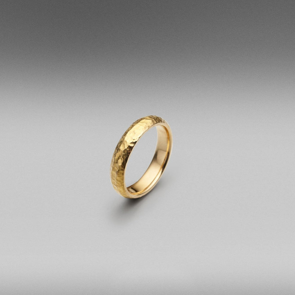 A BUNDA 'Hammer' wedding band in 22ct yellow gold. Ring is 3.5mm wide and is stamped 'BUNDA'.  Size M 1/2 currently in stock. Can be made to order in any size.  Also available in 18ct yellow gold upon request.