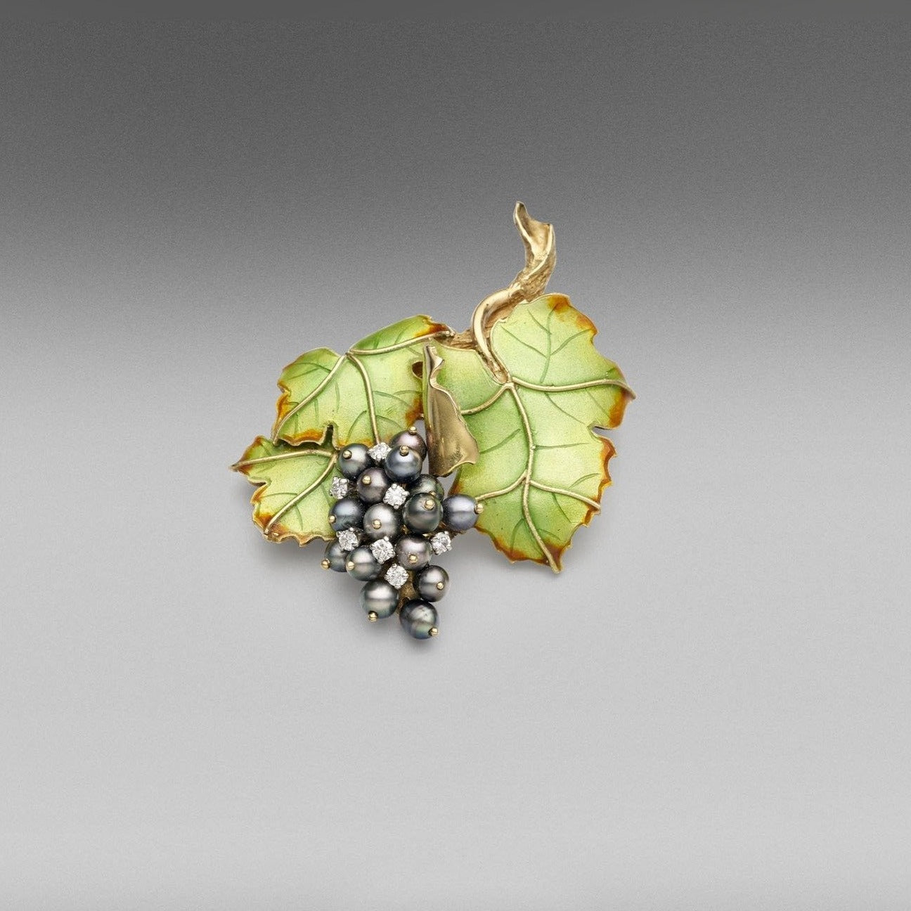 'Couture' Tahitian Keshi & Diamond Enamel Grape Brooch in Platinum and 18ct Yellow Gold